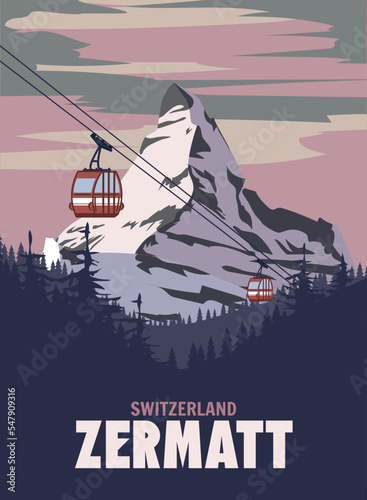 Zermatt Ski resort poster, retro. Alpes Winter travel card photo