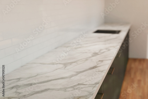 White and grey kitchen  white marble countertop clean. Grey cabinets  white tile. 3D digitally generated kitchen space. Product placement template.
