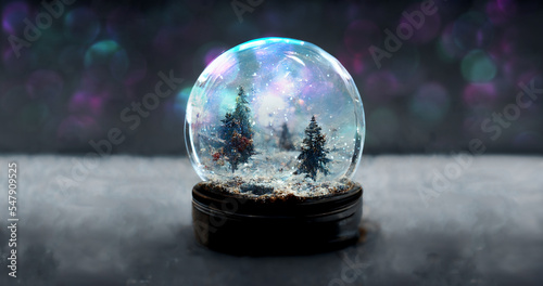 Fairytale snowglobe with winter landscape inside and blurred bokeh background. Postproducted generative AI illustration.