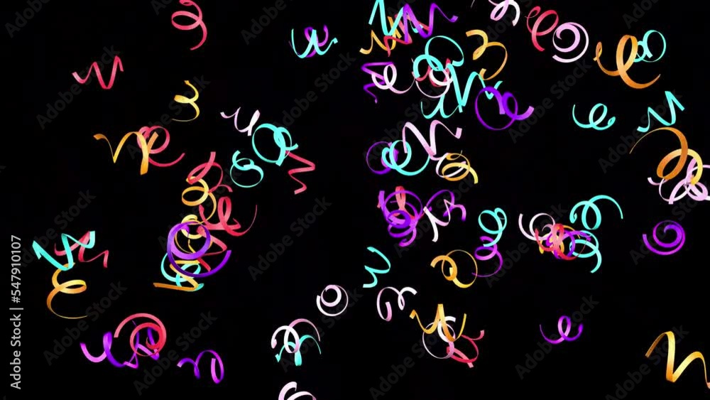 A rain of colored confetti on a black background. Festive video effect. 3D animation. A rain of colored confetti on a black background. Festive video effect. 3D animation.