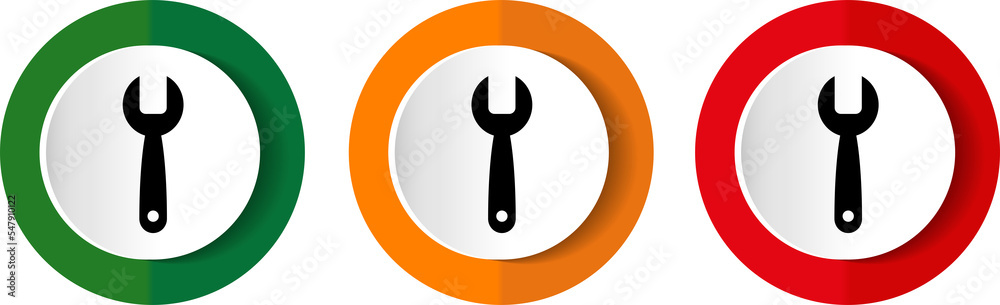 Tool icon set, flat design wrench buttons on white background for webdesign and mobile phone applications Tool icon set, flat design wrench buttons on white background for webdesign and mobile phone applications