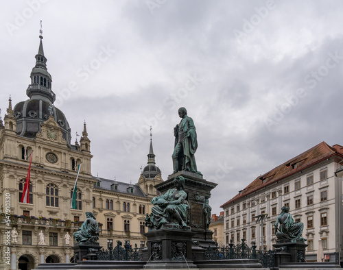 the Archduke Johann fountain and city hall of Graz on the main square in downtown
