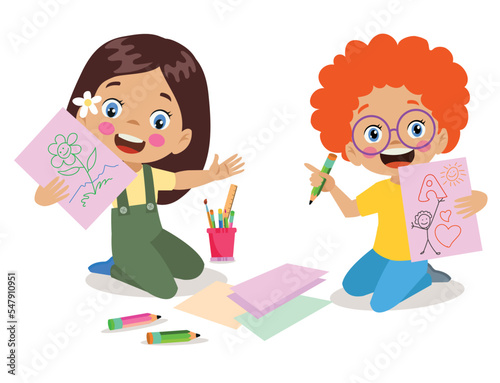 cute boy painting and cutting colorful craft papers