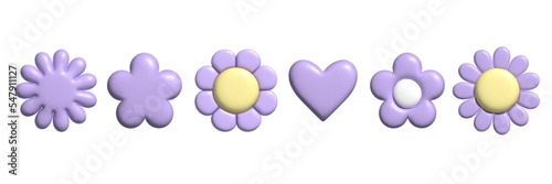3D pastel flower and heart set. Y2k daisy stickers in trendy plastic style. Vector illustration with plasticine effect isolated on withe background. 3D render.