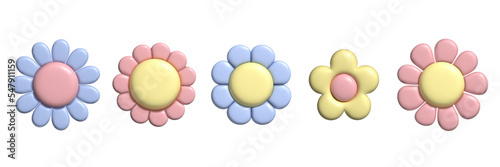 3D pastel flower set. Y2k daisy stickers in trendy plastic style. Vector illustration with plasticine effect isolated on withe background. 3D render.