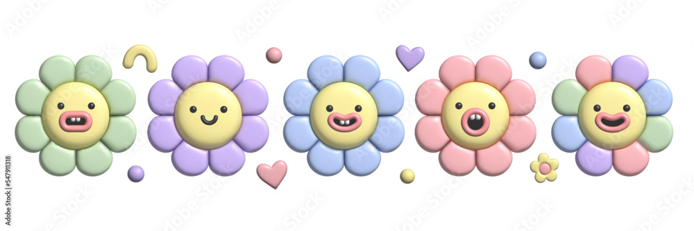 Obraz premium 3D pastel flower set. Y2k cute smile daisy stickers in trendy plastic style. Vector illustration with plasticine effect isolated on withe background. 3D render.