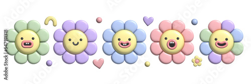 3D pastel flower set. Y2k cute smile daisy stickers in trendy plastic style. Vector illustration with plasticine effect isolated on withe background. 3D render.