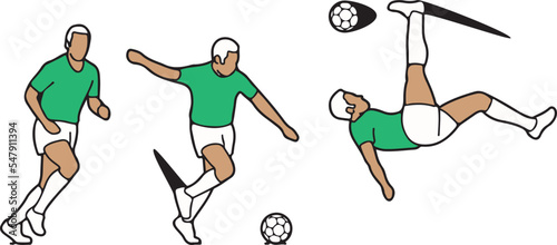 Football soccer player dribble shooting goal kicking reverse bicycle kick line art illustration photo