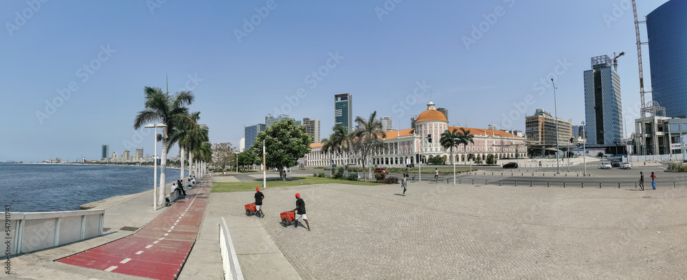 Panoramic view at the Luanda marginal, BNA - Angola National Bank and Coin Museum buildings, downtown lifestyle, modern skyscrapers and other buildings on Luanda downtown
