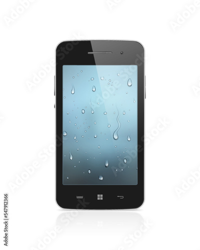 Realistic, high detailed, fully editable vector illustration of modern smartphone with water drops wallpaper on screen isolated on white background
