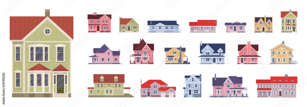 House, family classic cottage, sweet home bundle. Townhouse set, traditional city architecture, terraced townhome housing, business urban apartment, country residence. Vector flat style illustration