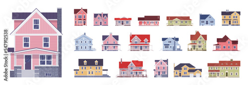 House and family cottage, sweet home bundle. Townhouse set, traditional city architecture, terraced townhome housing, business urban apartment and new country residence. Vector flat style illustration