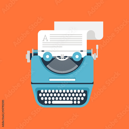 Vector illustration of flat vintage typewriter isolated on orange background.