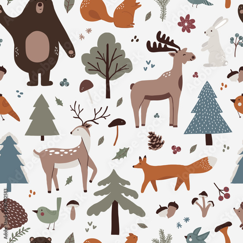 Winter seamless pattern with cute forest animals bear, deer, moose, fox, bird, hedgehog, hare. Scandinavian woodland vector illustration in hand drawn flat style