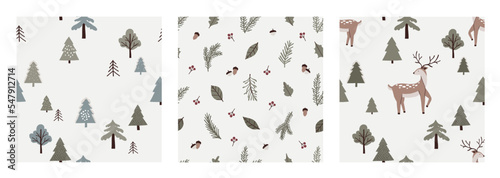 Set of winter boho seamless patterns with Christmas trees, fir branches, leaves and forest deer animal. Vector illustration in flat hand drawn style for fabric, packaging, textile