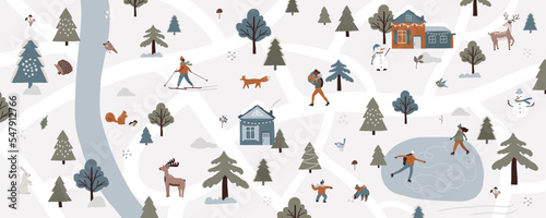 Winter map snowy scene landscape in town village with people outdoor activity skating, skiing. Cozy houses in forest, river, trees, animals deer, moose, fox, squirrel. Vector illustration flat style