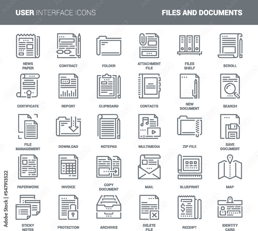 Vector set of files and documents flat line web icons. Each icon with adjustable strokes neatly designed on pixel perfect 48X48 size grid. Fully editable and easy to use. - obrazy, fototapety, plakaty 