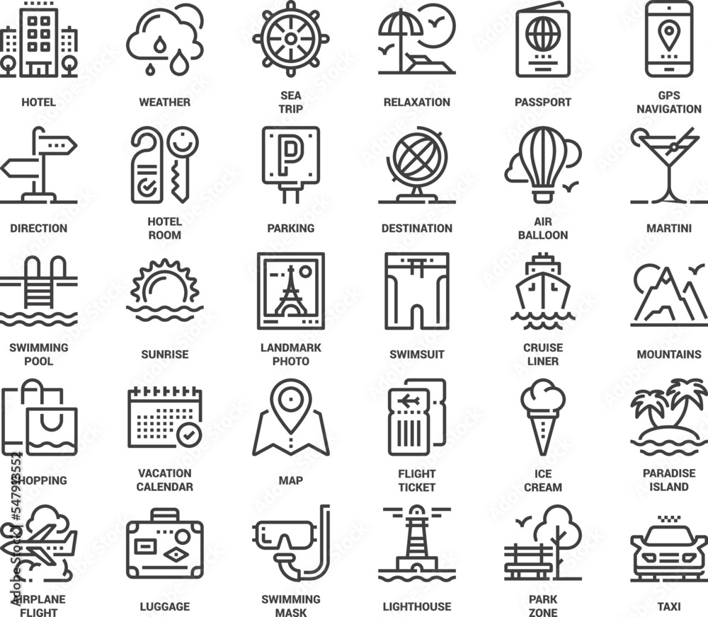 Vector set of travel and vacation flat line web icons. Each icon with adjustable strokes neatly designed on pixel perfect 48X48 size grid. Fully editable and easy to use. Vector set of travel and vacation flat line web icons. Each icon with adjustable strokes neatly designed on pixel perfect 48X48 size grid. Fully editable and easy to use.