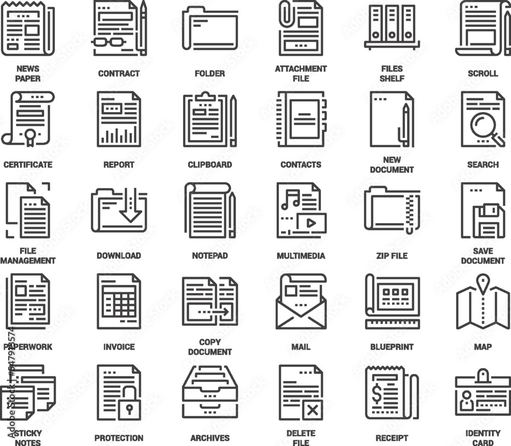 Vector set of files and documents flat line web icons. Each icon with adjustable strokes neatly designed on pixel perfect 48X48 size grid. Fully editable and easy to use.