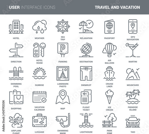 Vector set of travel and vacation flat line web icons. Each icon with adjustable strokes neatly designed on pixel perfect 48X48 size grid. Fully editable and easy to use.
