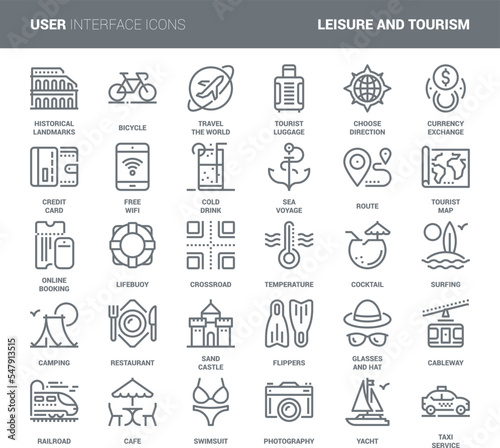 Vector set of leisure and tourism flat line web icons. Each icon with adjustable strokes neatly designed on pixel perfect 48X48 size grid. Fully editable and easy to use.