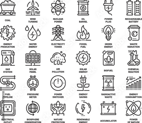 Vector set of power and energy flat line web icons. Each icon with adjustable strokes neatly designed on pixel perfect 48X48 size grid. Fully editable and easy to use.