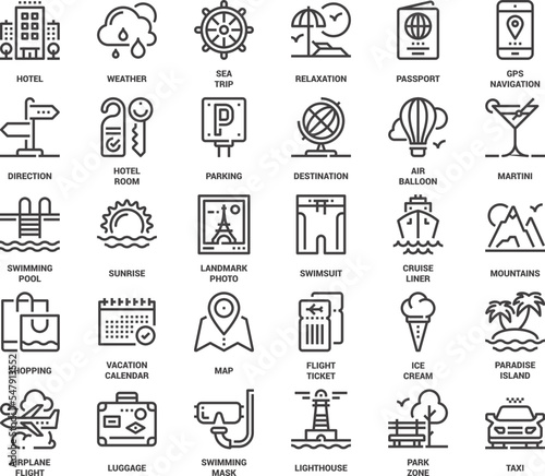 Vector set of travel and vacation flat line web icons. Each icon with adjustable strokes neatly designed on pixel perfect 48X48 size grid. Fully editable and easy to use.
