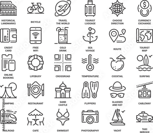 Vector set of leisure and tourism flat line web icons. Each icon with adjustable strokes neatly designed on pixel perfect 48X48 size grid. Fully editable and easy to use.