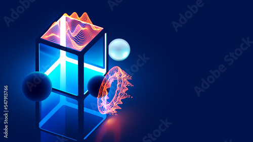 Abstraction background with 3d geometrical figures. Digital Fintech analytics conceptual illustration. Cyber data chart in 3d scene. Technology abstract concept. Neon Cube, spheres, data charts.