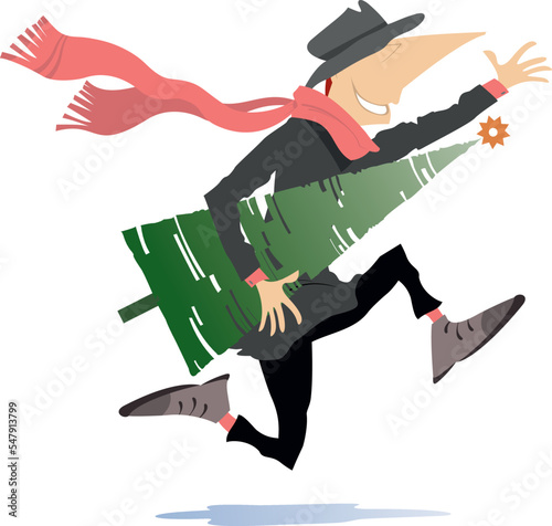 Christmas, New Year day. Funny running man in the hat and big scarf carrying a fir
Funny running man in the hat and big scarf carrying a fir. Illustration on white background
