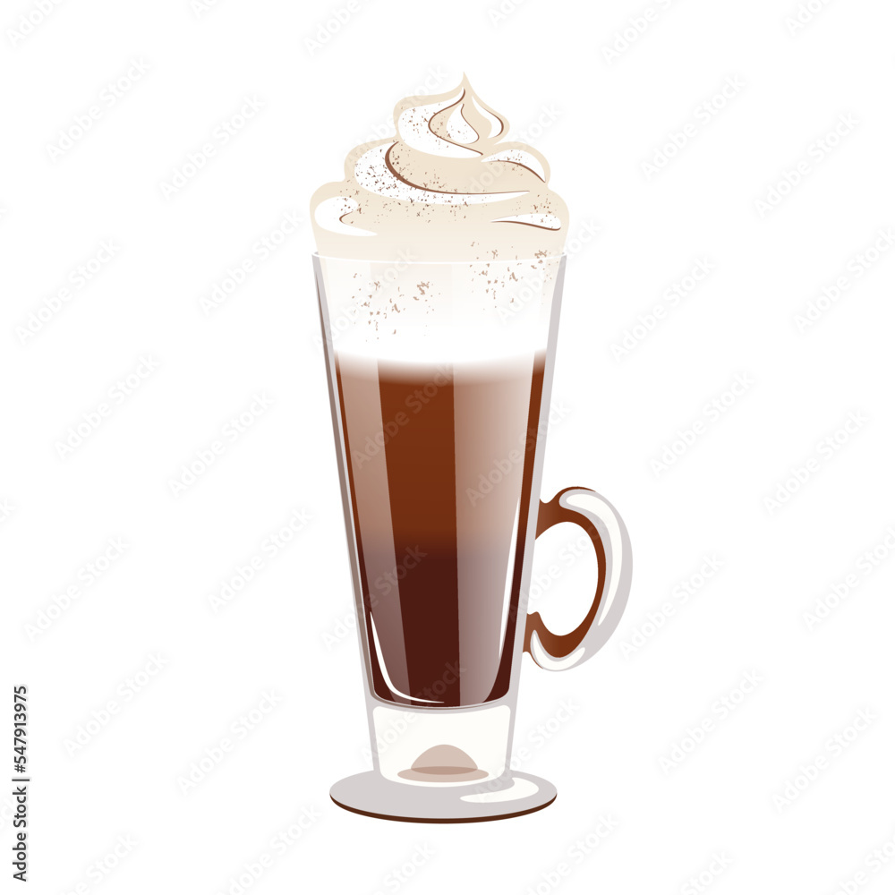 Bicerin.A coffee drink made from chocolate, coffee and whipped cream. Layered coffee dessert.Winter hot drink.