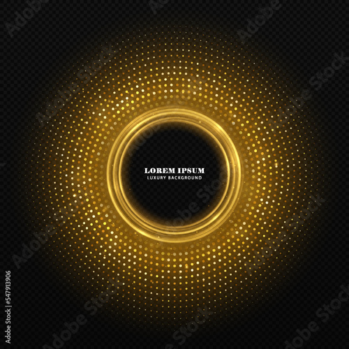 Abstract luxury golden circle shape with glitter dots on dark background. Circle halftone dots. Holiday banner design.