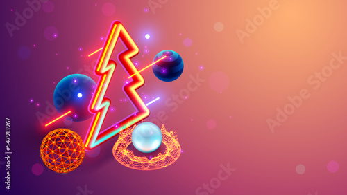 Christmas and New Year banner in computer tech style. Isometric christmas tree with decoration balls, fintech technology charts hanging in cyberspace. Digital technology business congratulations card