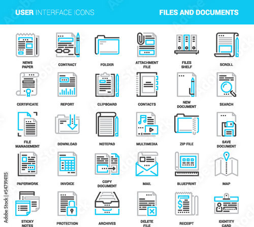 Vector set of files and documents flat line web icons. Each icon with adjustable strokes neatly designed on pixel perfect 48X48 size grid. Fully editable and easy to use.