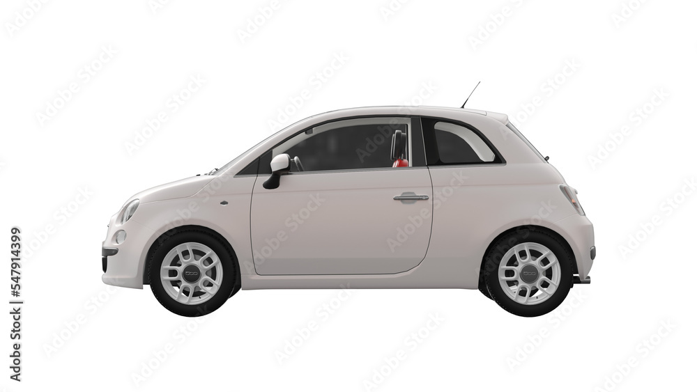 FIAT 500 3d rendering of 500 car on transparent PNG background, WHITE side  view Stock Illustration