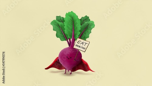 A beet root hero is holding an EAT HEALTHY sign and protesting for healty lifestyle. Cute and high quality motiongraphics, ideal as blog or article animation and illustration. Easily adjustable to gif photo
