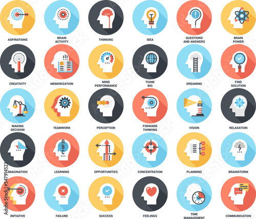 Abstract vector set of colorful flat thinking and brain process icons with long shadow. Concepts and design elements for mobile and web applications.