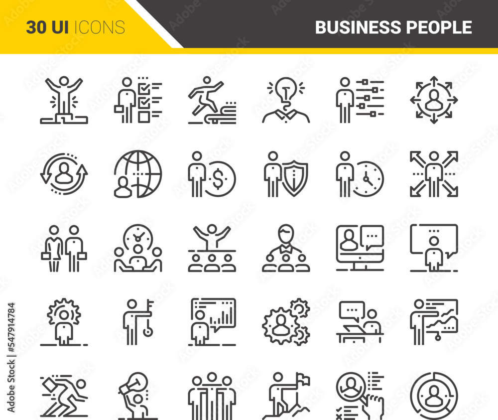 Vector set of business people flat line web icons. Each icon with adjustable strokes neatly designed on pixel perfect 48X48 size grid. Fully editable and easy to use.