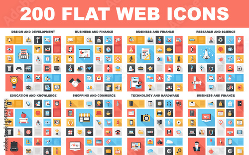 200 Flat web icons - design and development, business and finance, research and science, education and knowledge, shopping and commerce, technology and hardware © Maxim Basinski