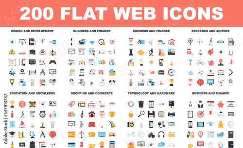 200 Flat web icons - design and development, business and finance, research and science, education and knowledge, shopping and commerce, technology and hardware © Maxim Basinski