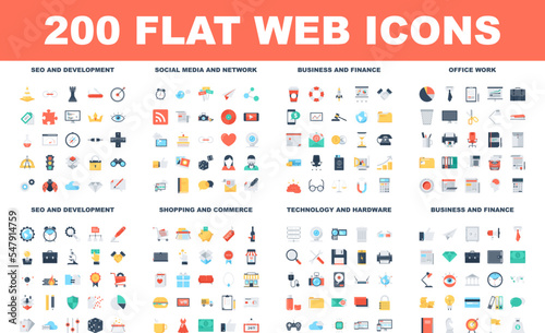 200 Flat web icons - SEO and development, social media and network, business and finance, office work, shopping and commerce, technology and hardware