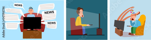 A set of people watching television with their mouths open. The man is shocked by the news. Hands from the TV throw garbage at the head and hang noodles on the ears. Flat vector illustration.