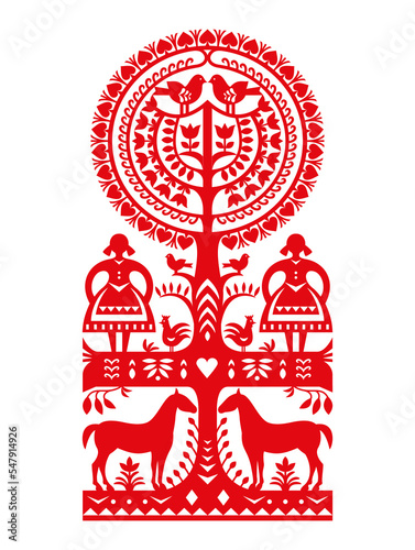 Polish folk art vector pattern Wycinanki Kurpiowskie with women, birds and horses - Kurpie paper cutouts design with rural scene
