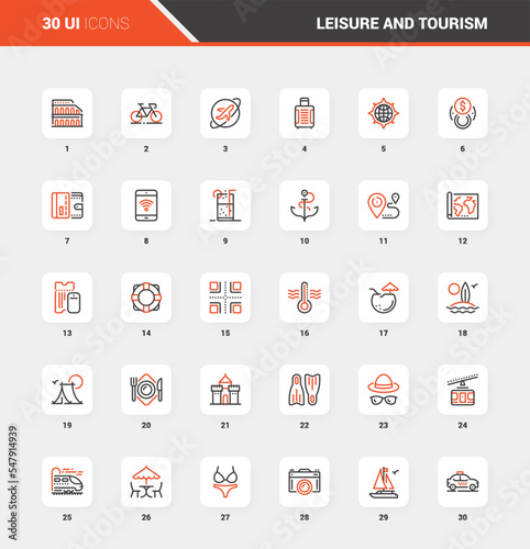 Vector set of leisure and tourism flat line web icons. Each icon with adjustable strokes neatly designed on pixel perfect 48X48 size grid. Fully editable and easy to use.