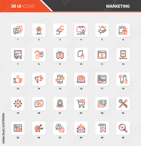 Vector set of marketing and advertising flat line web icons. Each icon with adjustable strokes neatly designed on pixel perfect 48X48 size grid. Fully editable and easy to use.