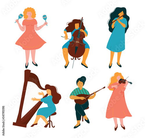 Woman Musician Playing Musical Instrument Performing on Stage Vector Set