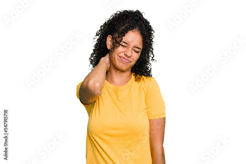 Young cute brazilian woman isolated having a neck pain due to stress, massaging and touching it with hand.