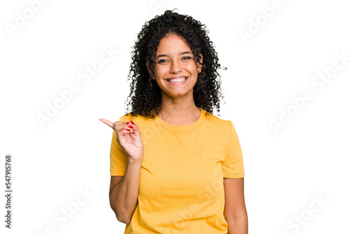 Fotobehang Young cute brazilian woman isolated smiling cheerfully pointing with forefinger away