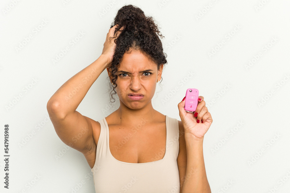 Young brazilian woman holding home keys isolated being shocked, she has remembered important meeting. Young brazilian woman holding home keys isolated being shocked, she has remembered important meeting.