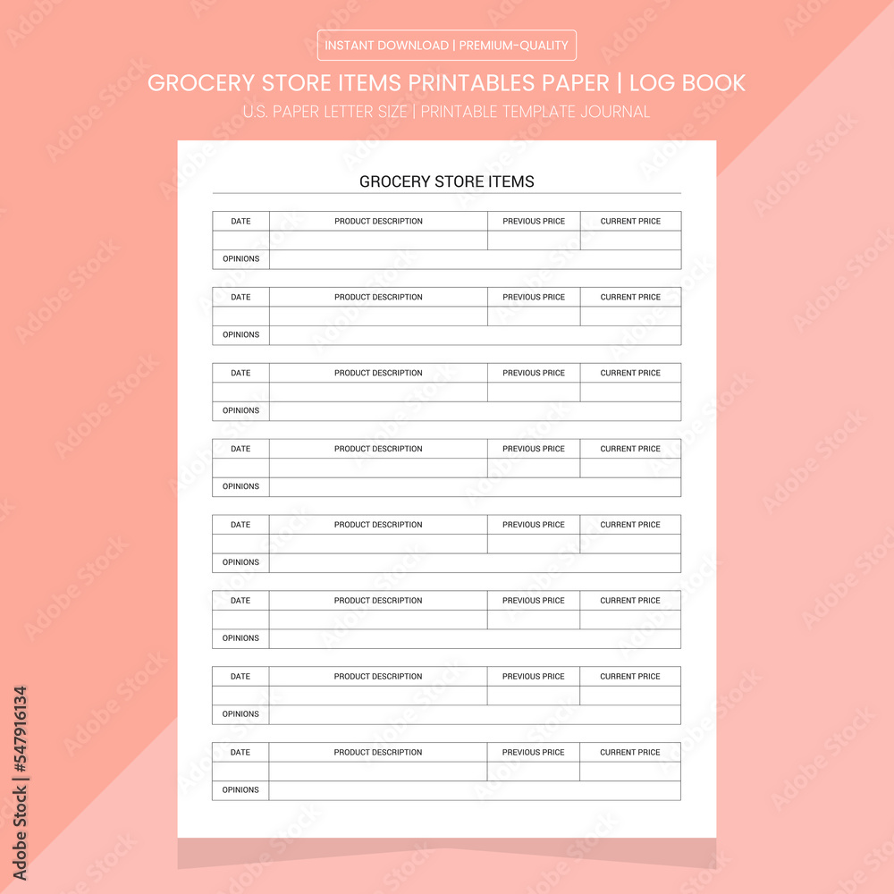 Grocery Store Items Pintables | Store Items Tracker | Store Items Log Book